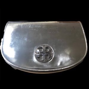 Tory Burch metallic silver patent leather flap shoulder bag